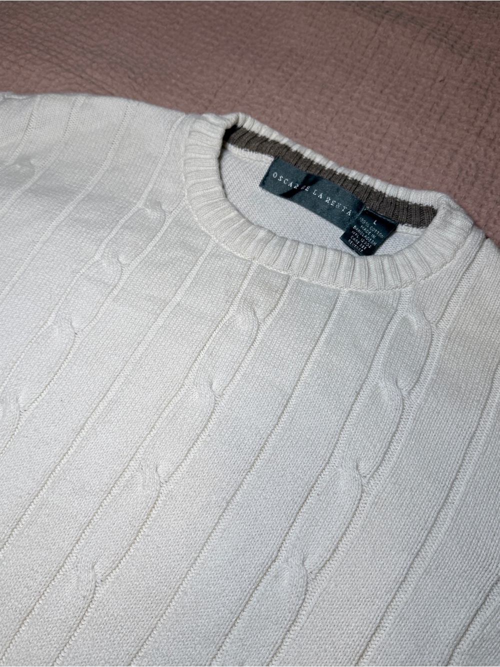 Oscar de la Renta Cream Cable Knit Crewneck Sweater
